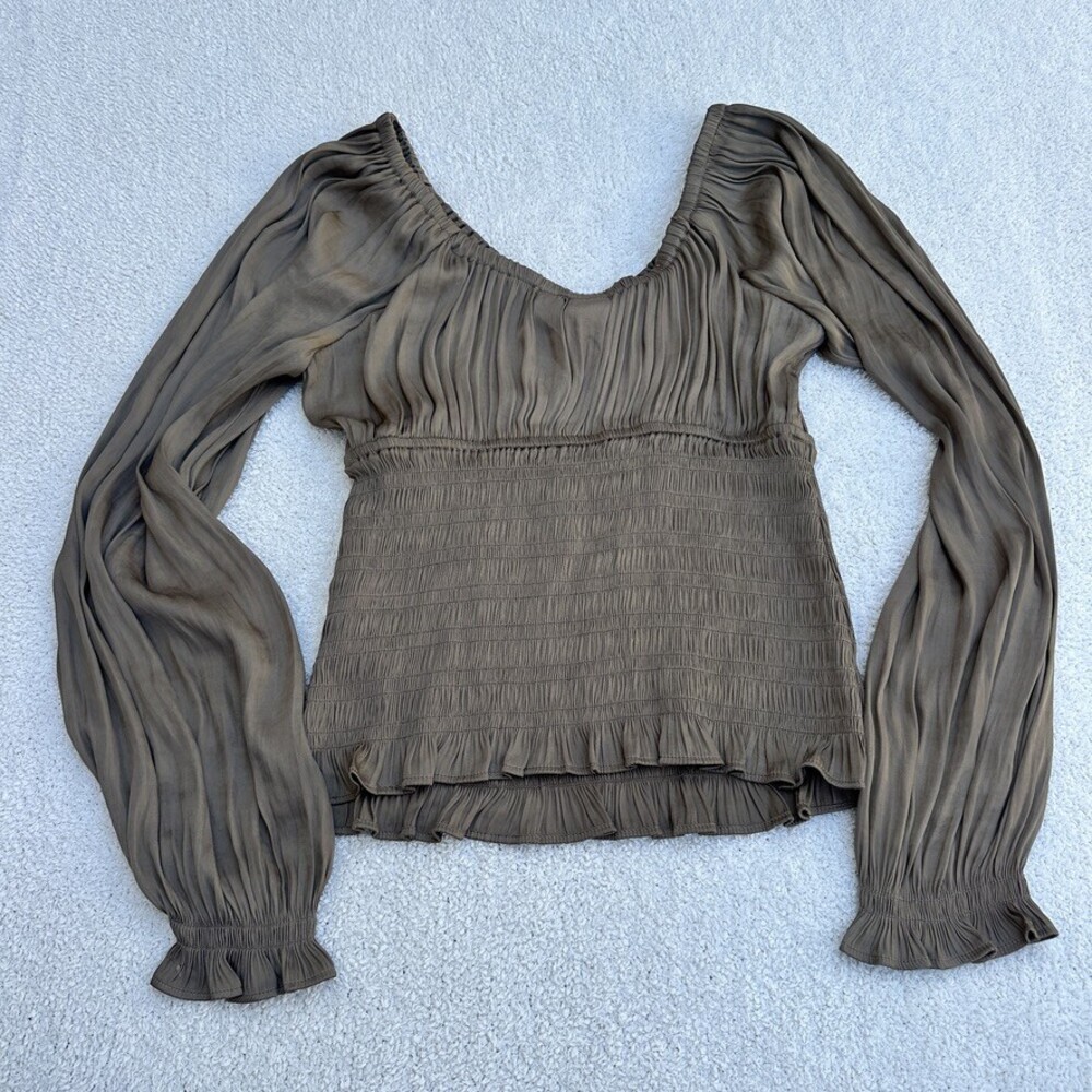 Gap Smocked Off-Shoulder Top Balloon Sleeve Olive Peasant Blouse - M - Picture 6 of 6